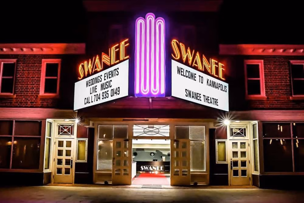 The Swanee Theatre is a historic movie house in downtown Kannapolis, NC and now functions as a live music and events venue.